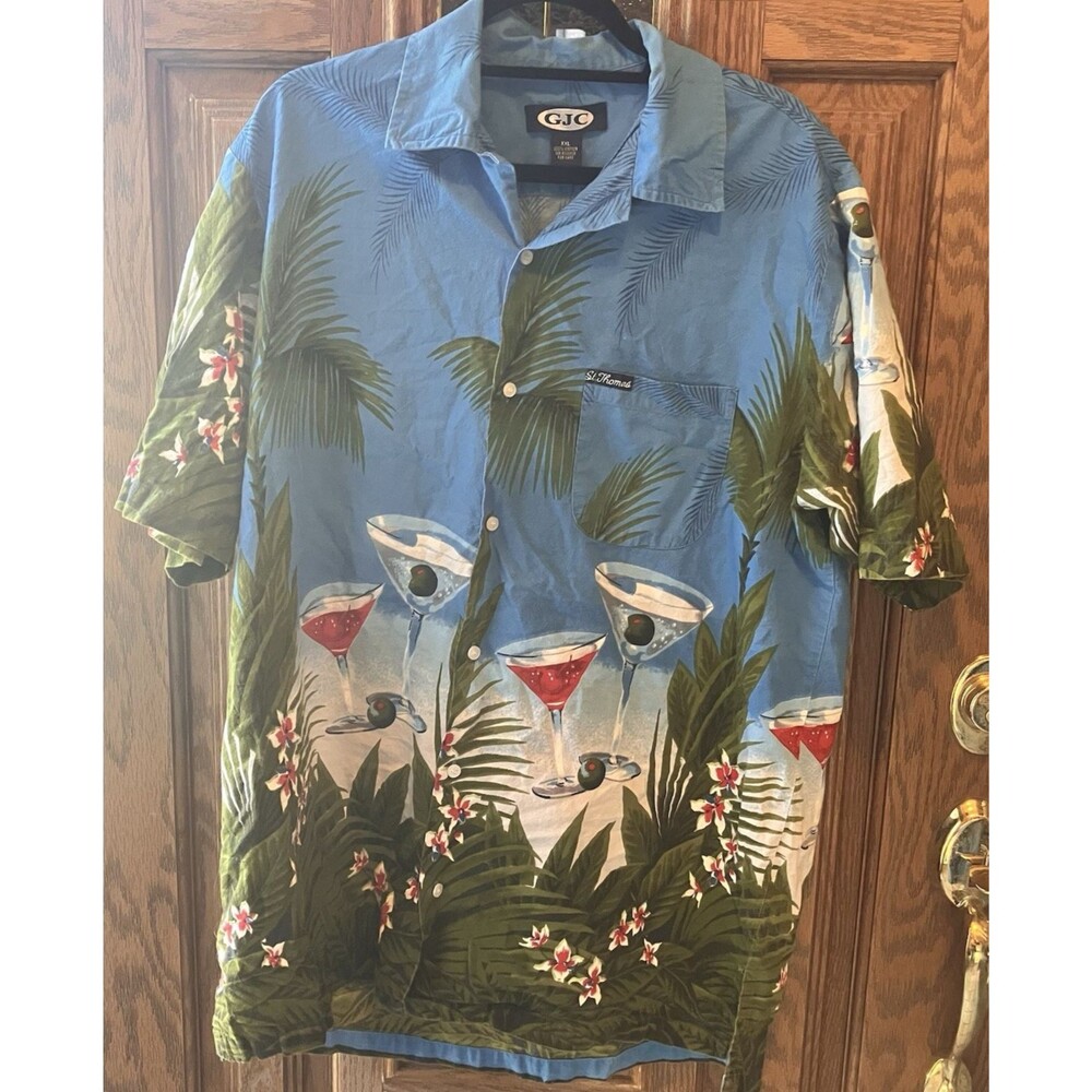 Mens GJC Hawaiian Shirt 2XL Button Palm Floral Marini XXL Summer 100% Cotton GUC